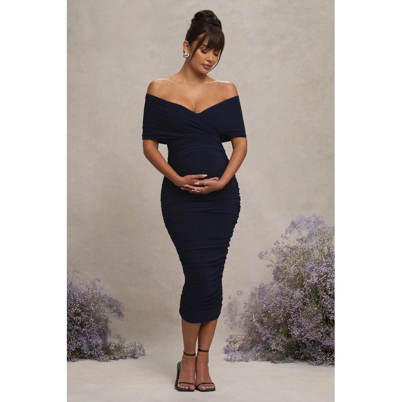 Unwrapped | Navy Ruched Twist Bardot Maternity Midi Dress
