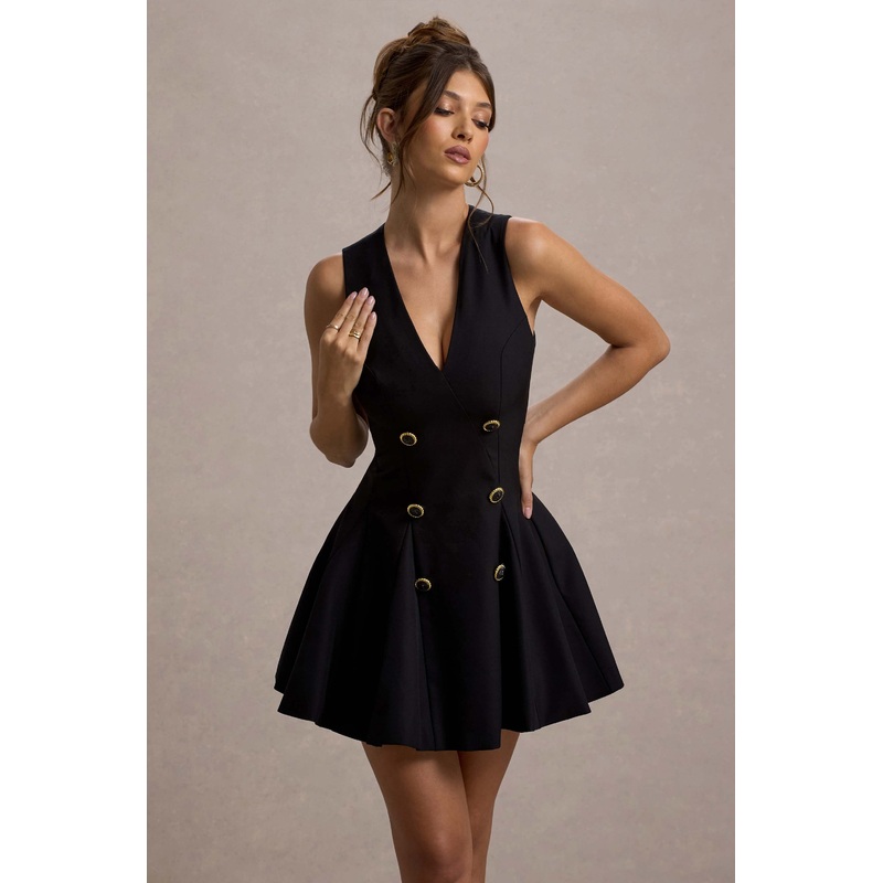 Collette | Black Tailored Plunge-Neck Mini Dress