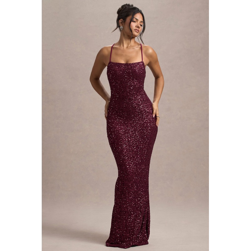Cosmic | Berry Sequin Square-Neck Strappy Maxi Dress