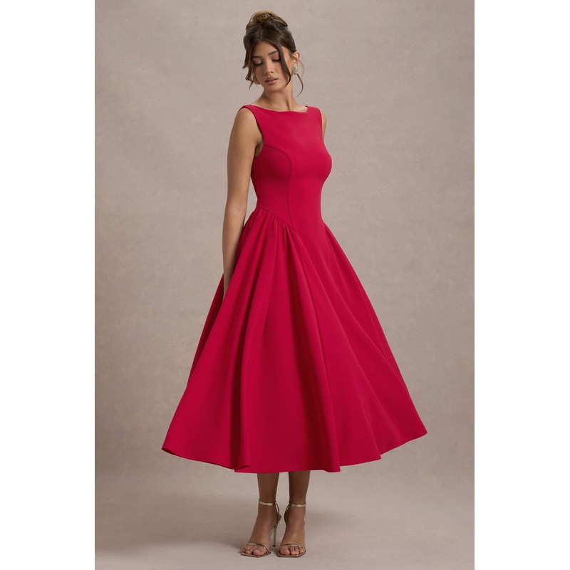 Muriel | Red Boat-Neck Volume-Hem Midi Dress