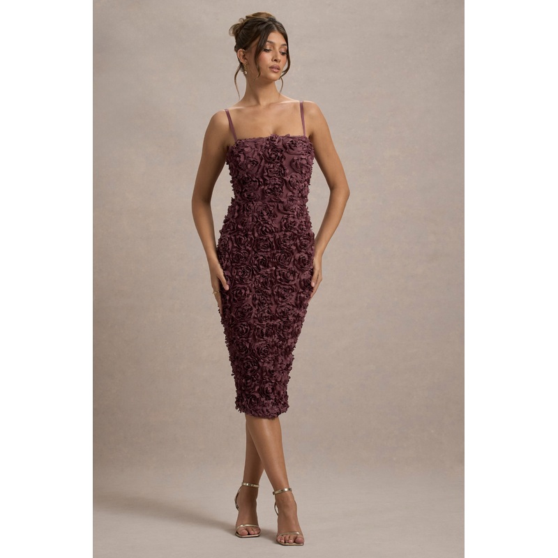 New Love | Dark Mauve Strappy Midi Dress With Mesh Flowers