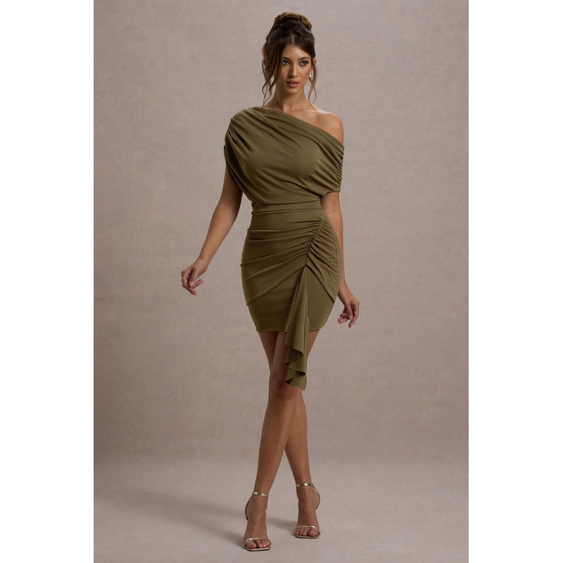 Osmanthus | Khaki Asymmetric Draped Mini Dress