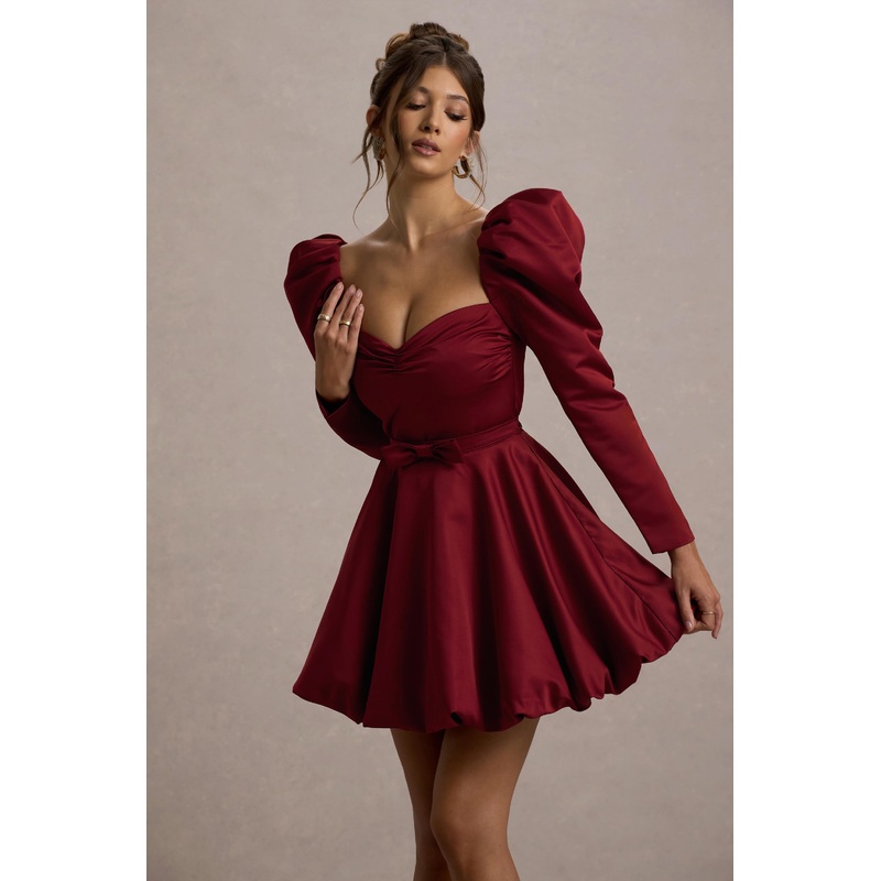 Murphy | Burgundy Satin Belted Mini Dress With Puff Sleeves