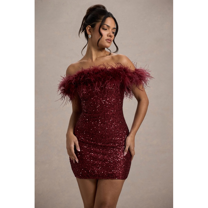 New Money | Burgundy Bodycon Sequin Mini Dress With Feather Trim