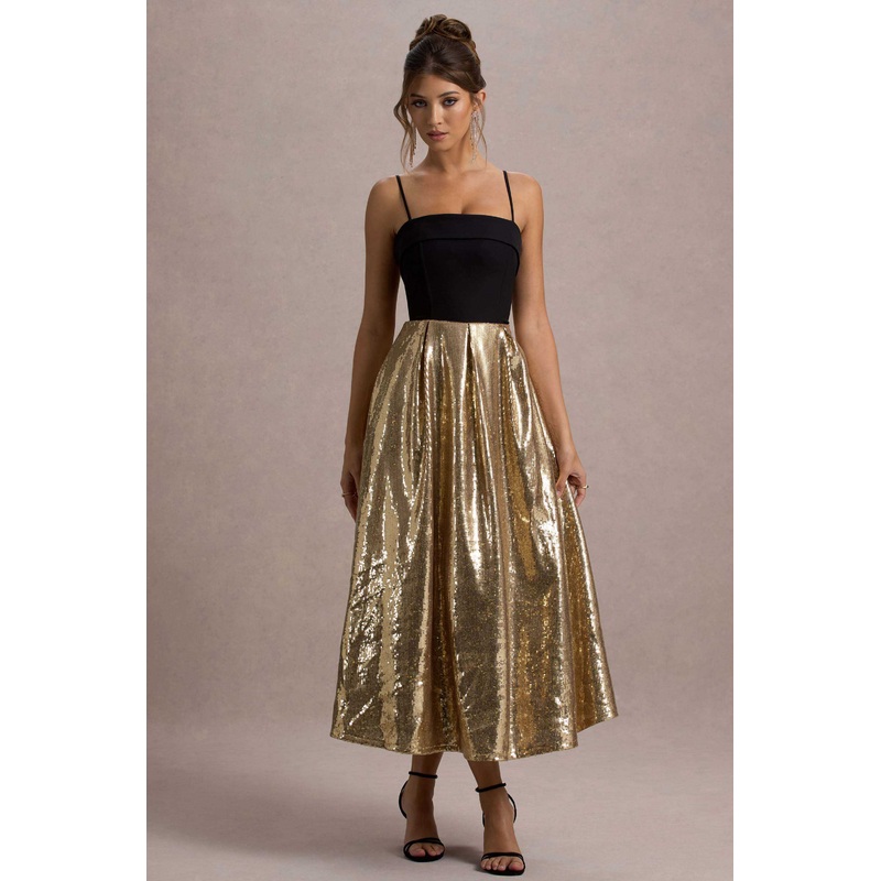Nicci | Black & Gold Strappy Midi Dress With Sequin Skirt