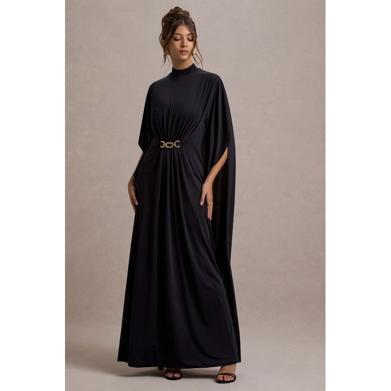 Olessia | Black Belted Gathered Cape-Sleeve Maxi Dress