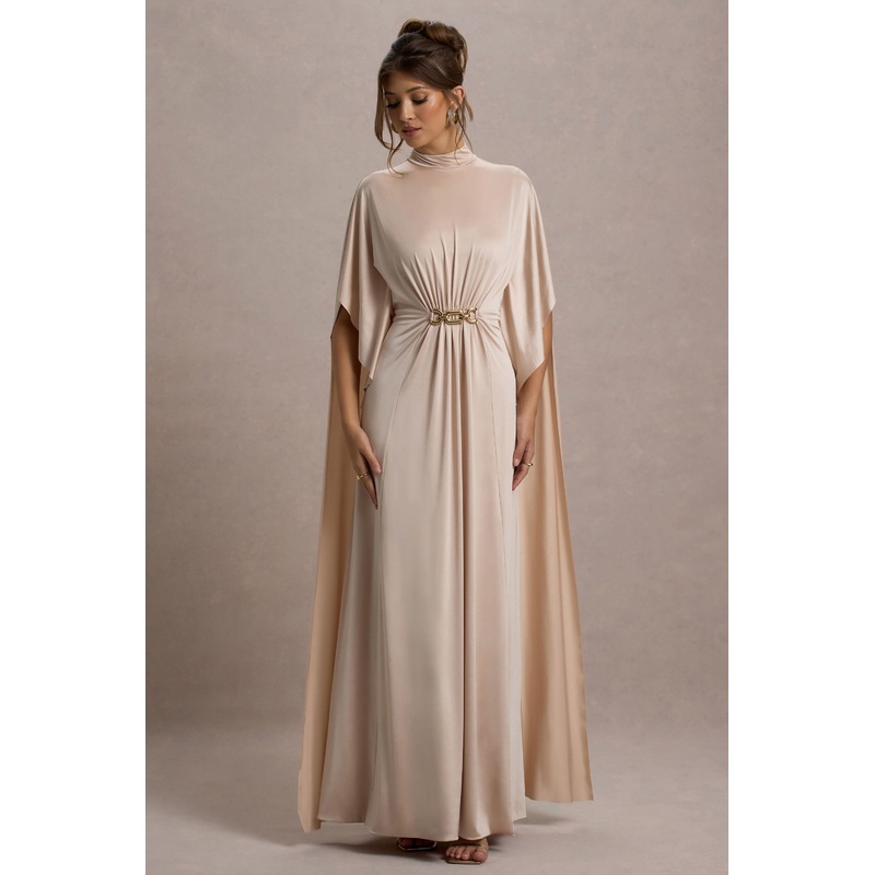 Olessia | Champagne Belted Gathered Cape-Sleeve Maxi Dress
