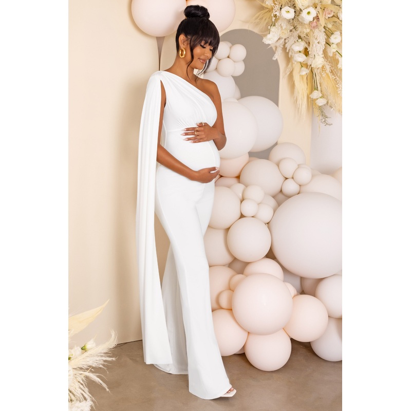 Sing To Sleep | White Maternity One Shoulder Cape Jumpsuit