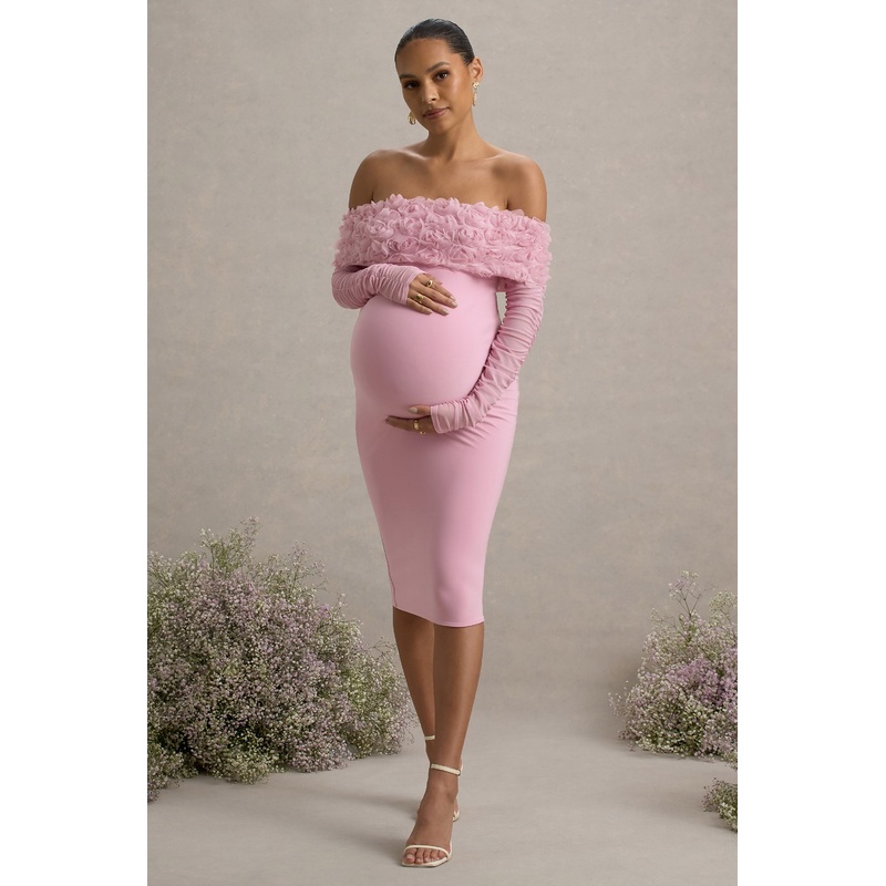 Adita | Blush Pink Mesh Floral Bardot Maternity Midi Dress