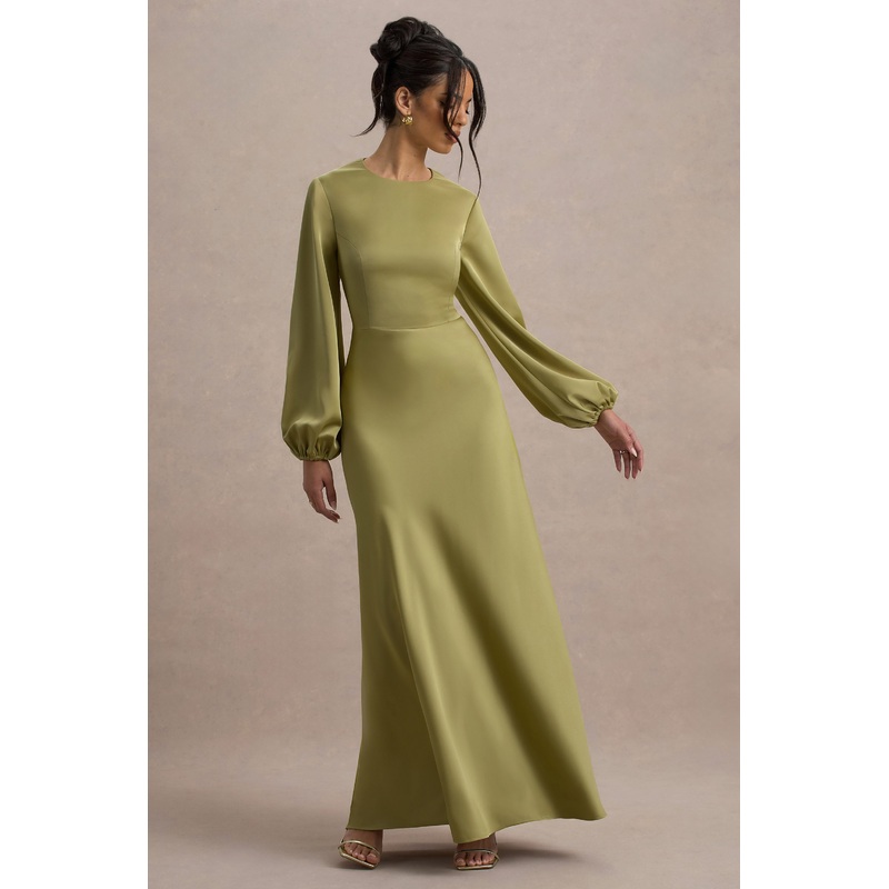 Crawley | Light Green Satin Puff-Sleeve Maxi Dress