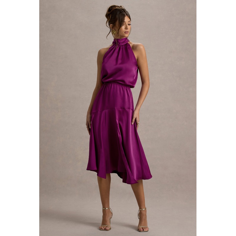 Palonia | Pink Satin High-Neck Split Midi Dress