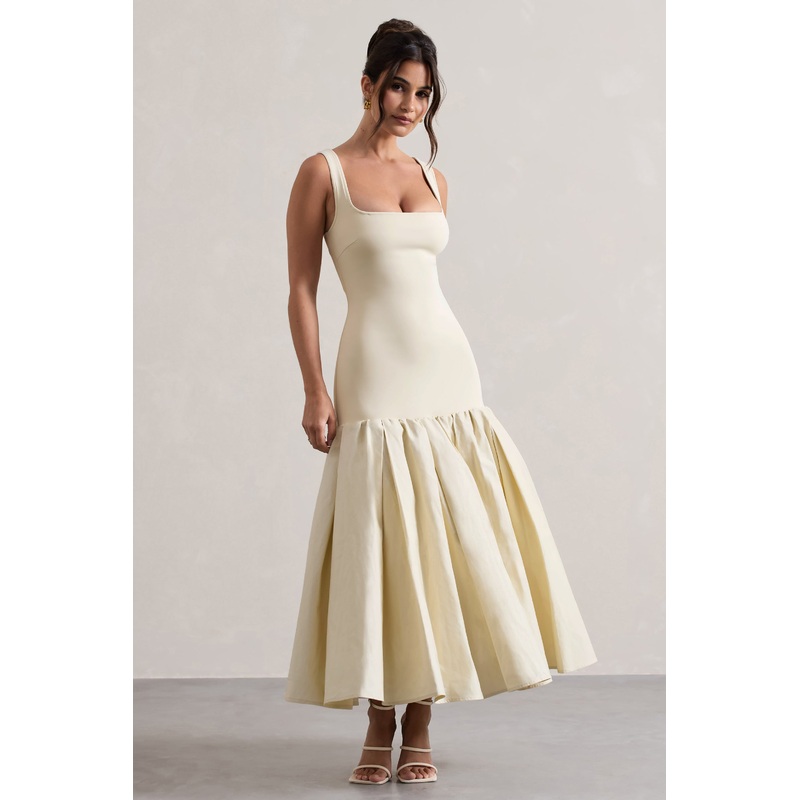 Parida | Cream Poplin Drop-Waist Midi Dress With Peplum Hem