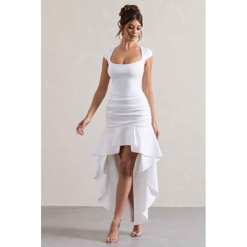 Parisa | White Ruched Short-Sleeve High-Low Maxi Dress