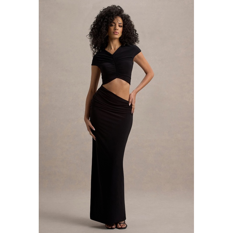 Pia | Black Short-Sleeve Maxi Dress With Cut-Out