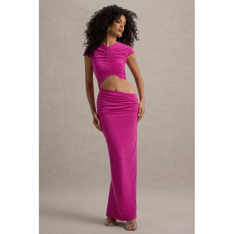 Pia | Hot Pink Short-Sleeve Maxi Dress With Cut-Out