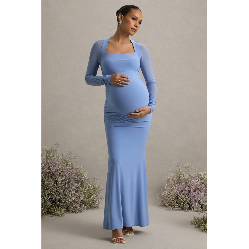 Abeam | Powder Blue Maternity Maxi Dress With Sheer Sleeves