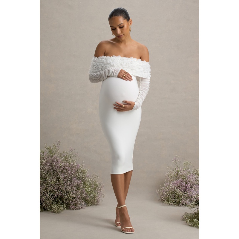 Adita | White Mesh Floral Bardot Maternity Midi Dress