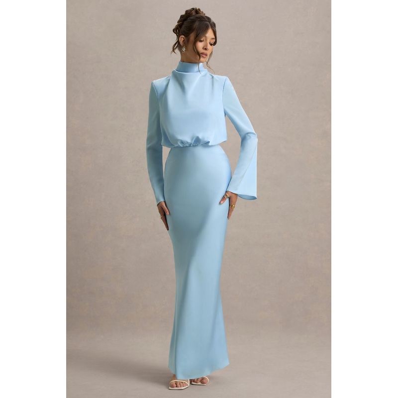 Celina | Powder Blue Satin High-Neck Maxi Dress