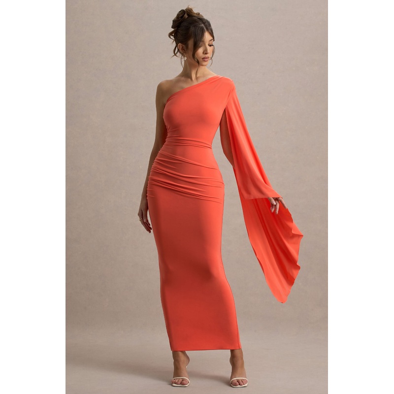 Clementina | Orange Asymmetric Cape Sleeve Maxi Dress