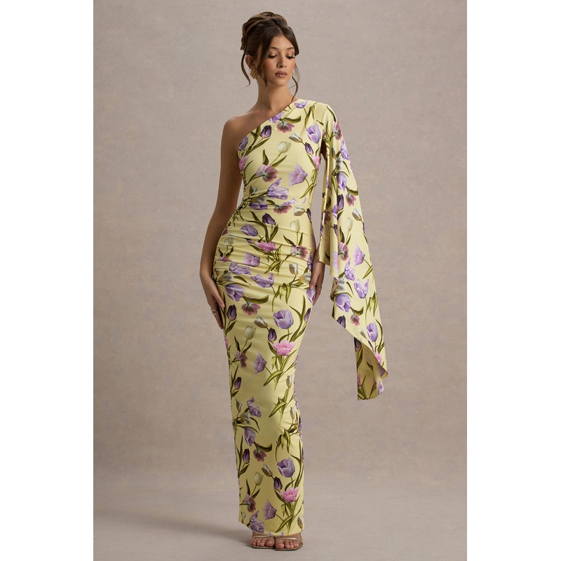 Clementina | Tulip Floral Print Asymmetric Cape Sleeve Maxi Dress