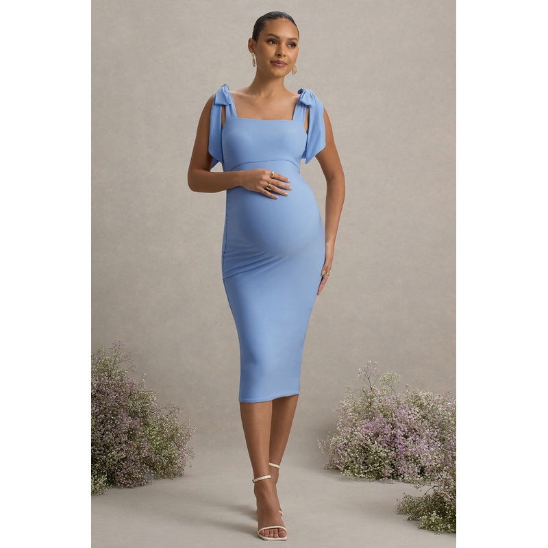 Linnie | Powder Blue Square-Neck Maternity Midi Dress With Bow Straps