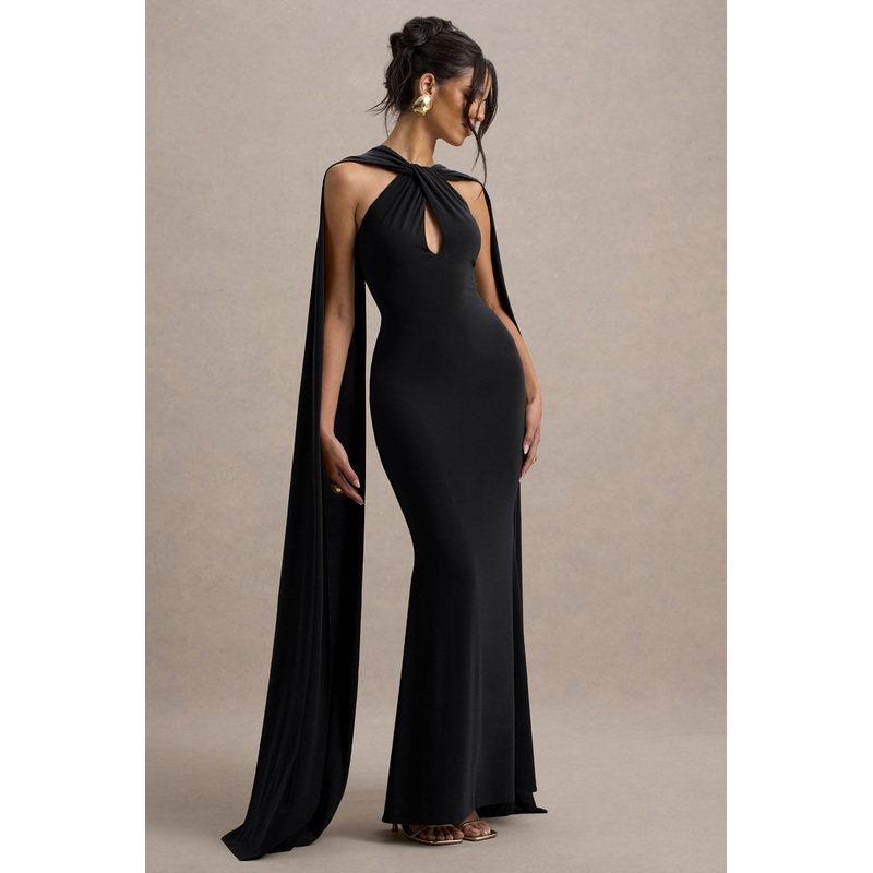 Rhoda | Black Twist Halter-Neck Cape Maxi Dress