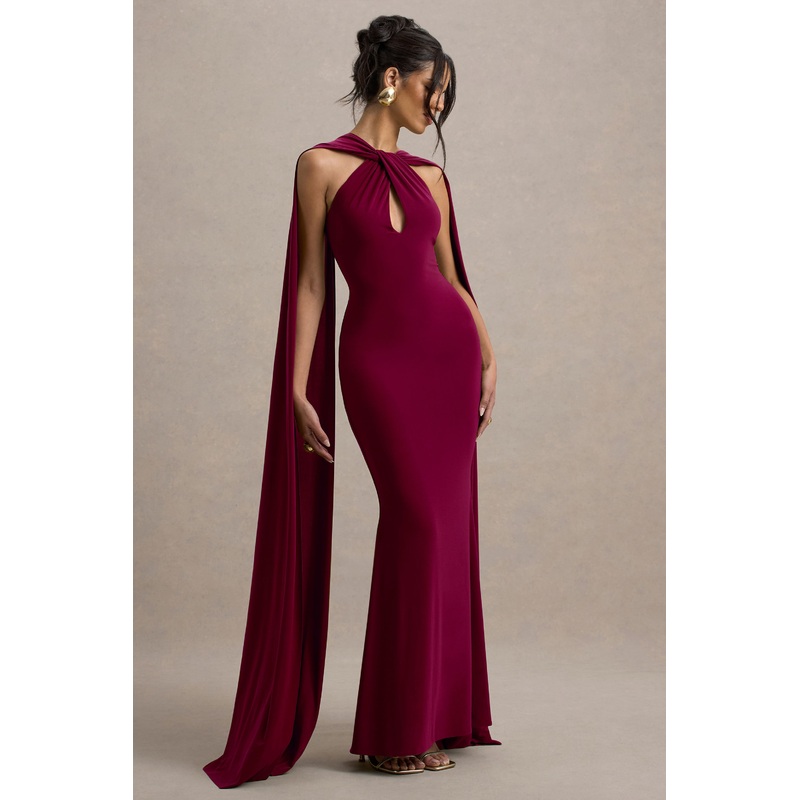 Rhoda | Burgundy Twist Halter-Neck Cape Maxi Dress
