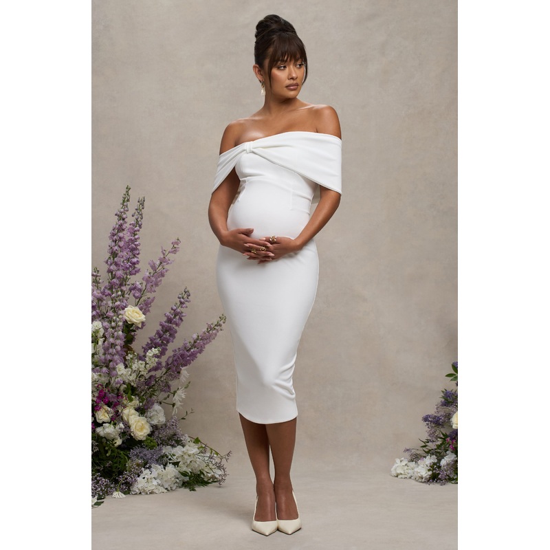 Alyssa | White Bardot Bow Maternity Midi Dress with Ruching