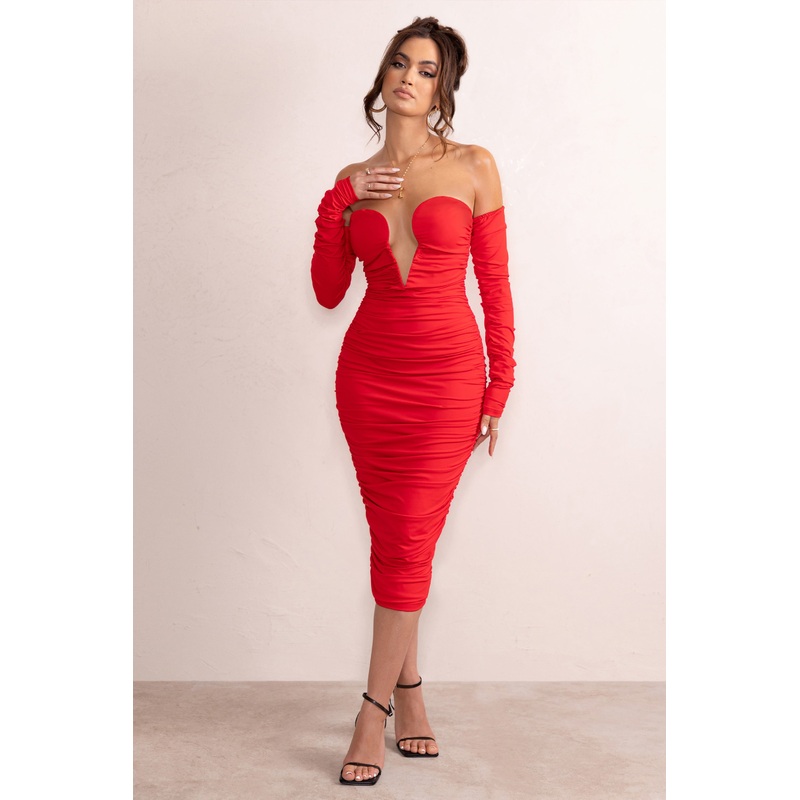 Charlotte | Red Deep Plunge Ruched Long Sleeved Midi Dress