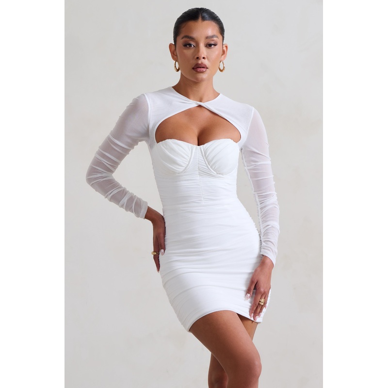 Daiquiri | White Ruched Cut Out Mesh Mini Dress With Long Sleeves