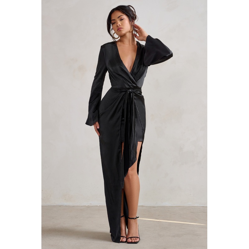 Patricia | Black Extreme Plunge Long Sleeve Maxi Dress With Tie Detail