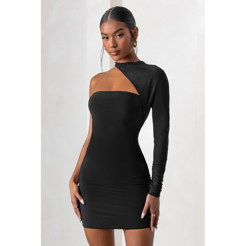 Perfect Touch | Black One Shoulder Long Sleeve Mini Dress