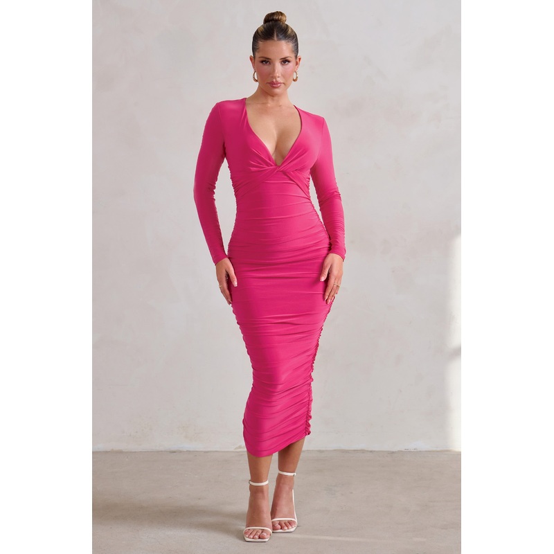 Renee | Hot Pink Plunge Twist Neckline Long Sleeve Ruched Midi Dress