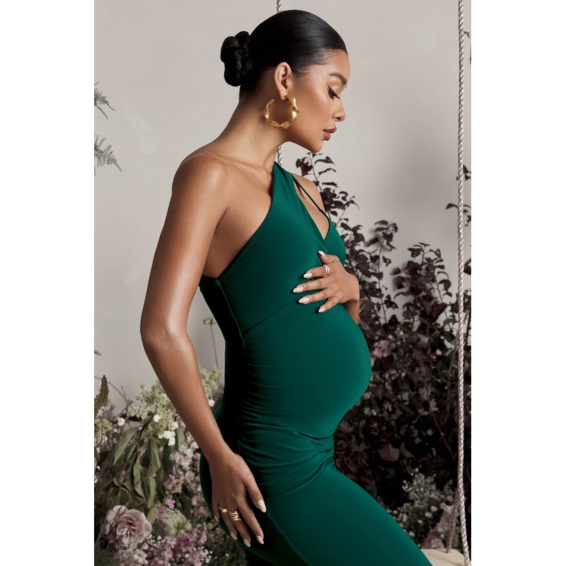 Abigail | Bottle Green Sleeveless Asymmetric Maternity Midi Dress