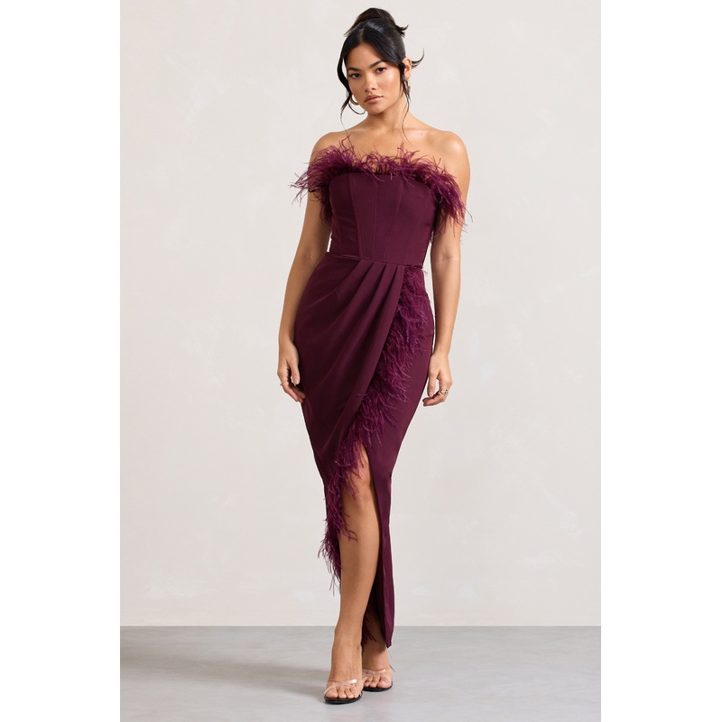 Cosmo | Burgundy Bandeau Feather Corset Split Maxi Dress