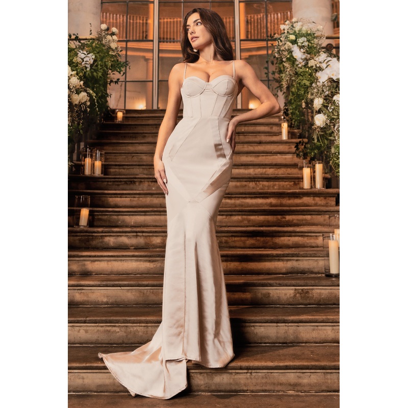 Custom | Champagne Satin Sweetheart Corset Fishtail Maxi Dress