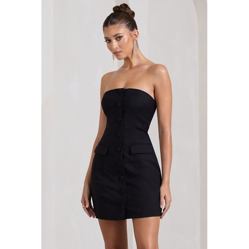 Rina | Black Strapless Tailored Mini Dress With Button Front