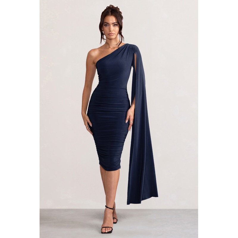 Yara | Navy One Shoulder Cape Ruched Midi Dress