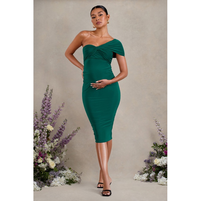 Admired | Bottle Green Ruched One-Shoulder Maternity Midi Dress