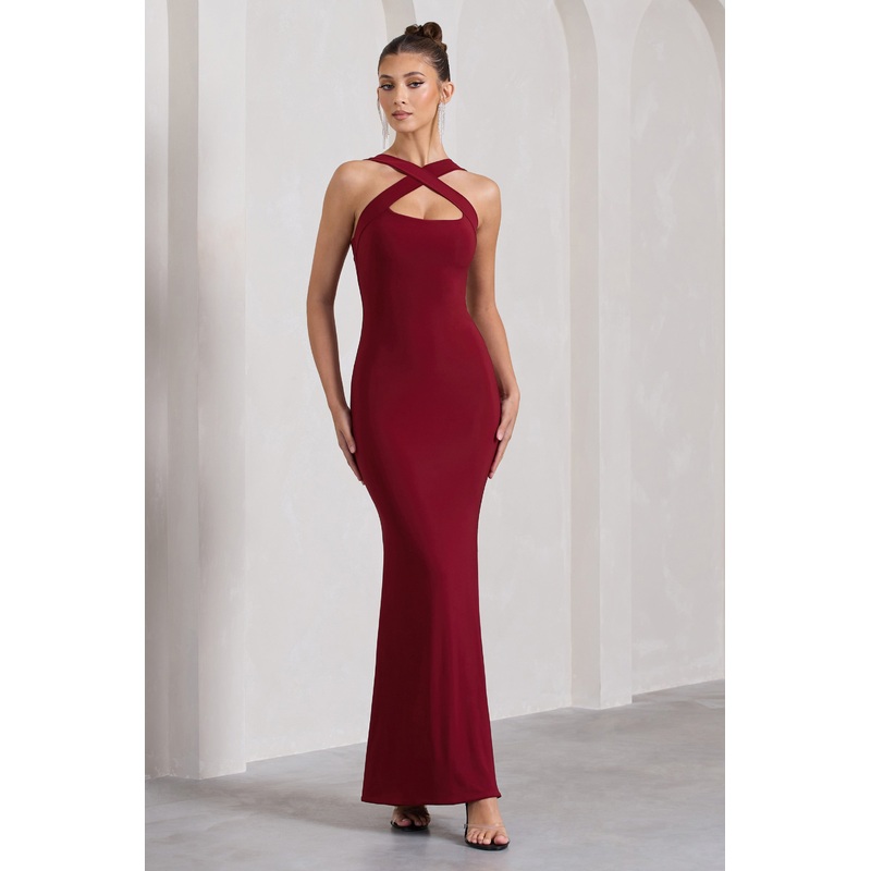 Cross My Heart | Berry Red Sleeveless Cross-Neck Maxi Dress