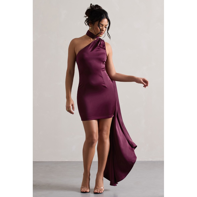 Natalie | Plum Satin One Shoulder Mini Dress With Scarf Detail