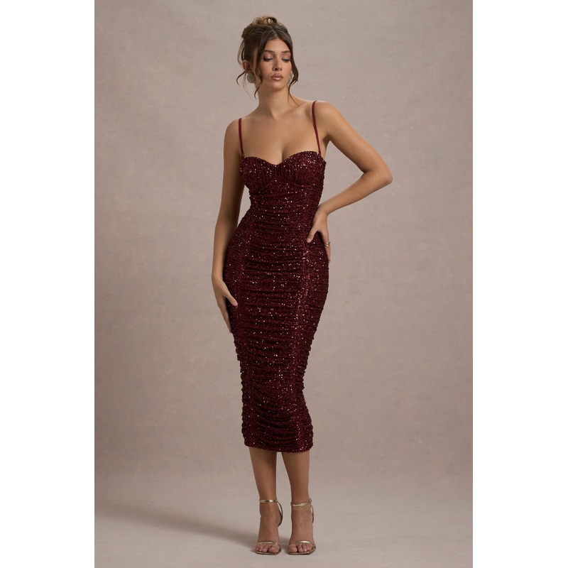 New Energy | Plum Sequin Strappy Ruched Bodycon Midi Dress