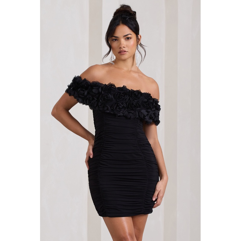 Pass A Glass | Black Ruched Bardot Micro Mini Dress With Flowers