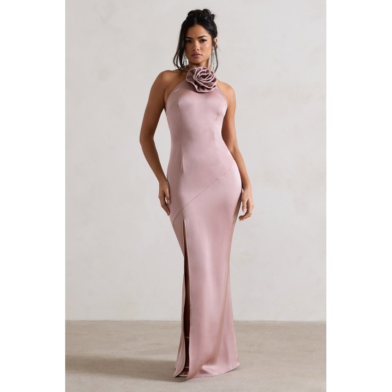 Cesca | Blush Pink Satin Halter-Neck Maxi Dress With Flower Corsage