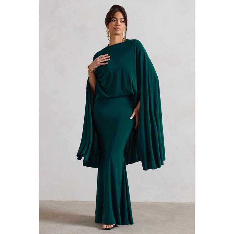 Charmaine | Bottle Green High-Neck Maxi Dress With Cape