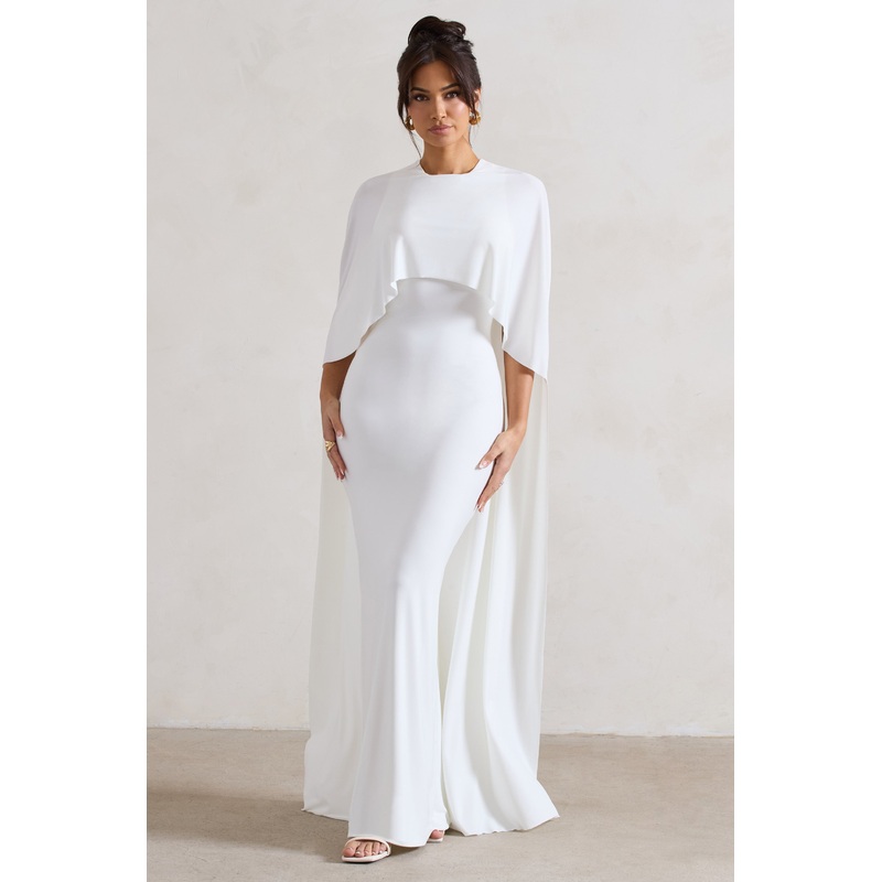Padma | White Draped Maxi Dress With Cape Sleeves