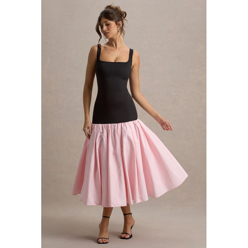 Parida | Black & Pink Poplin Drop-Waist Midi Dress With Peplum Hem