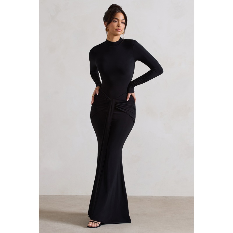 Pietra | Black High-Neck Long Sleeve Knot Maxi Dress