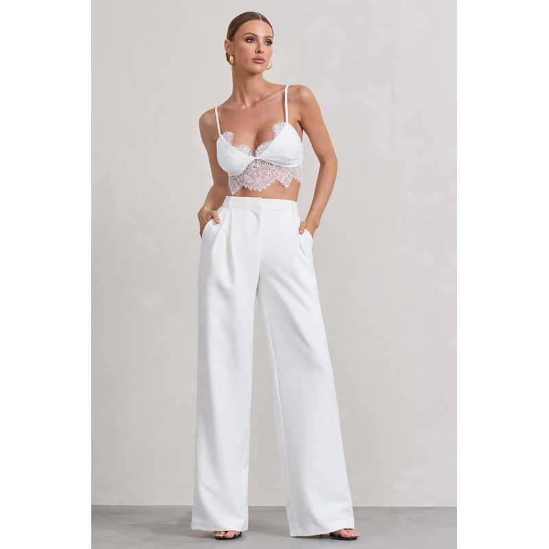 Raina | White High Waist Pleated Wide-Leg Trousers