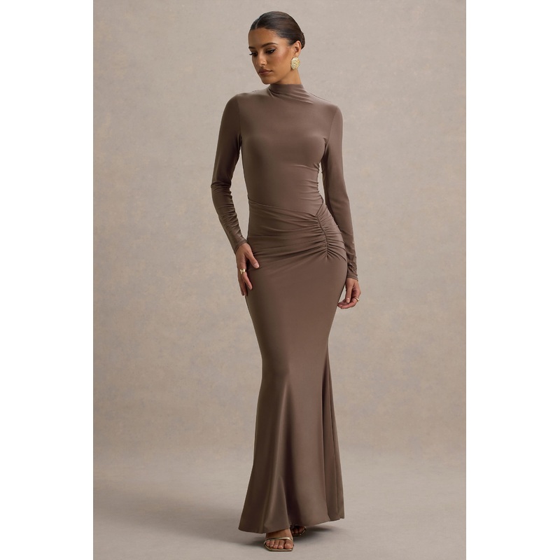 Reid | Brown Long-Sleeve Gathered Maxi Dress